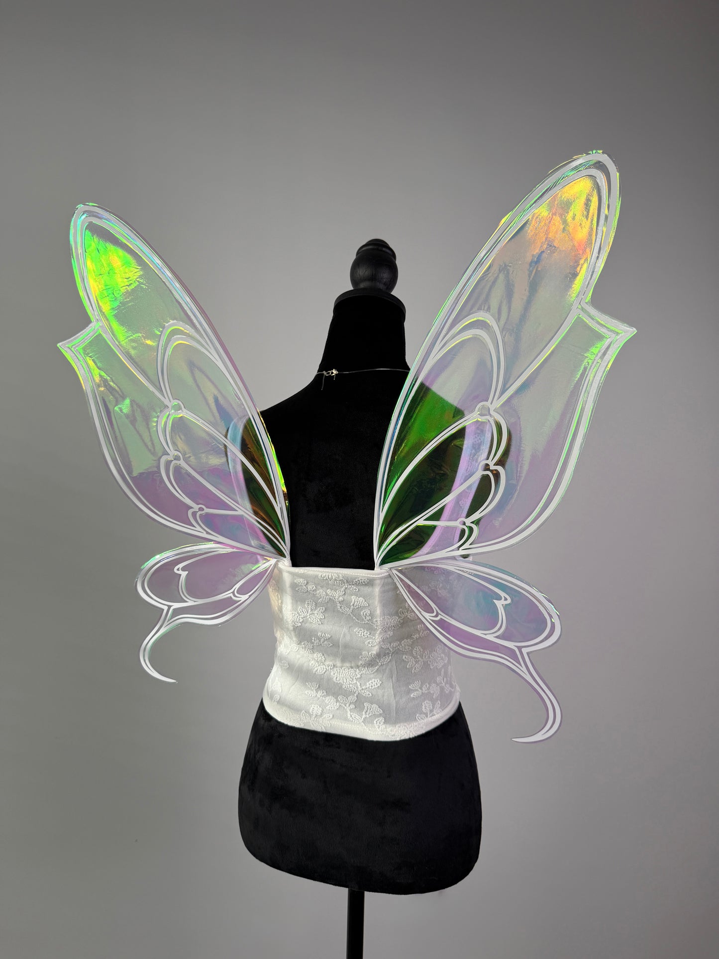 Shimmering iridescent wings for cosplay convention
