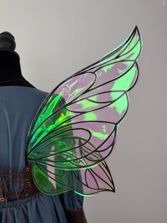 Close-up of color-changing chameleon film and detailed handcrafted fairy wing veins