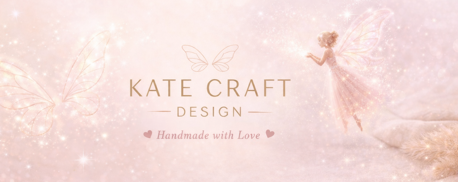 Kate Craft Design logo with a fairy in a magical setting on a light pink background