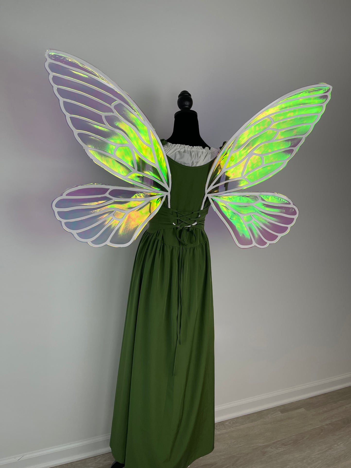 Adult Renaissance Faire fairy wings worn with corset, iridescent fae costume accessory