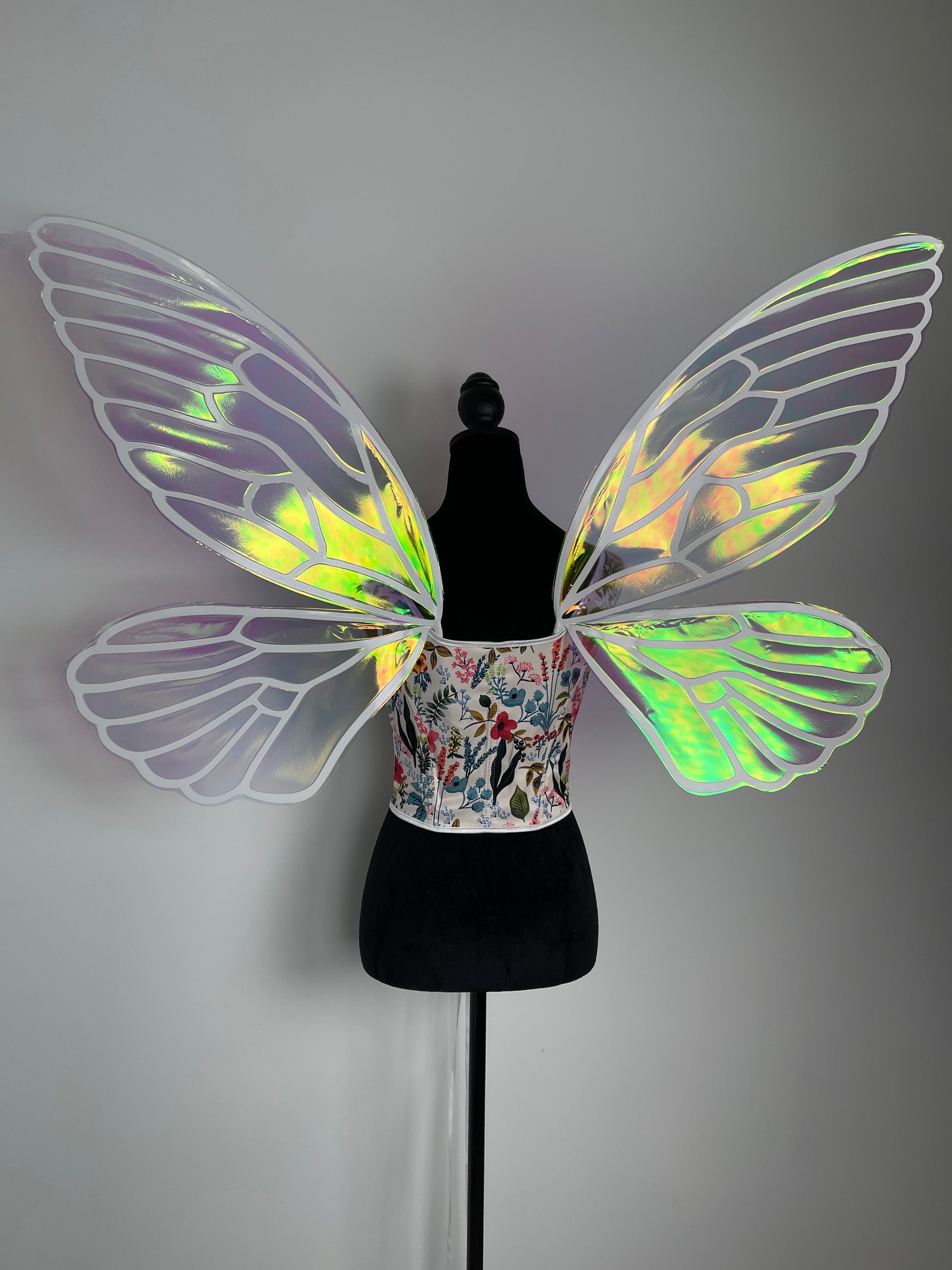 Close up of iridescent fae wings, lightweight fairy wings for Renaissance Faire and fantasy cosplay