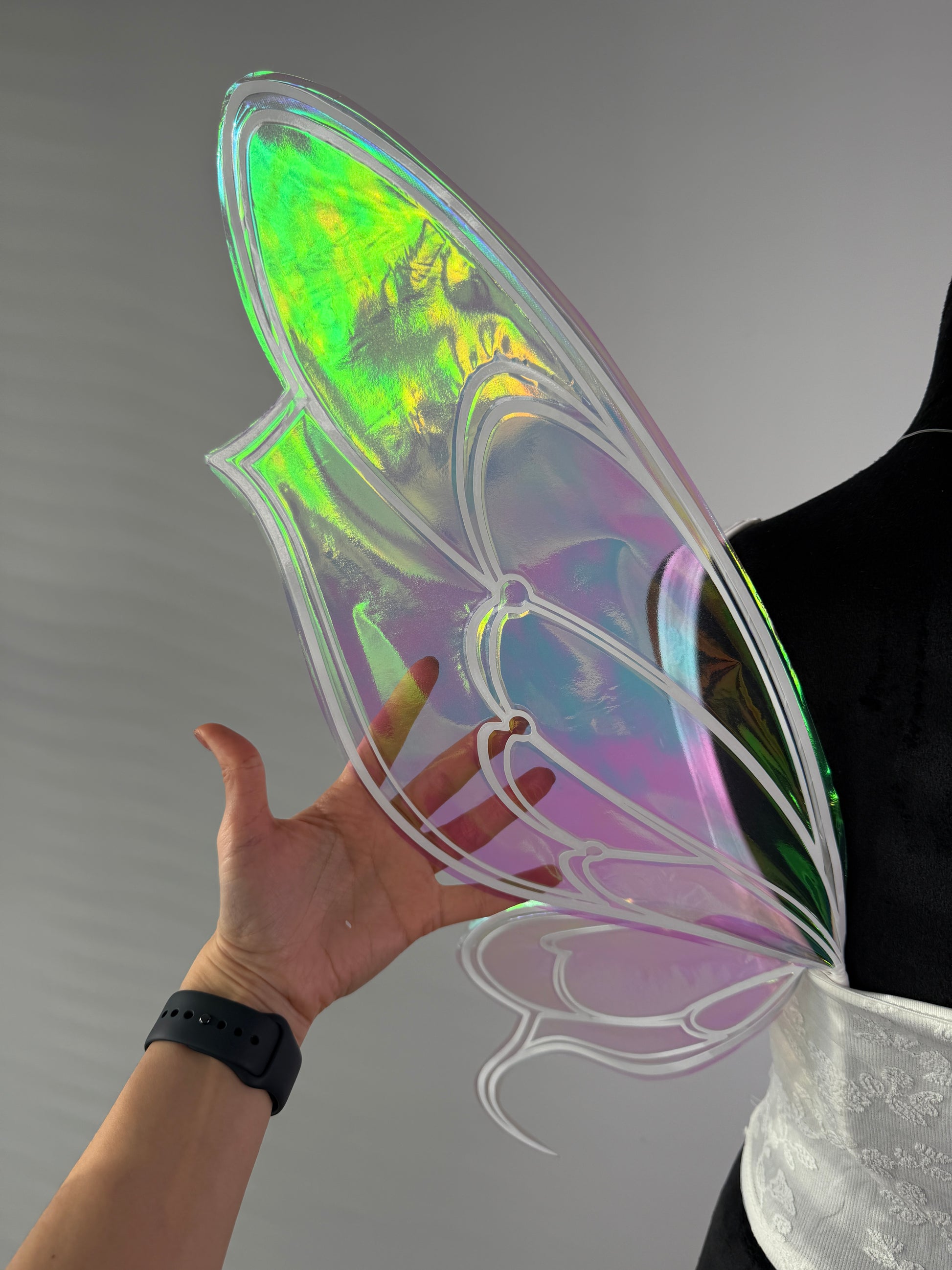 Close back view of iridescent fairy wings costume