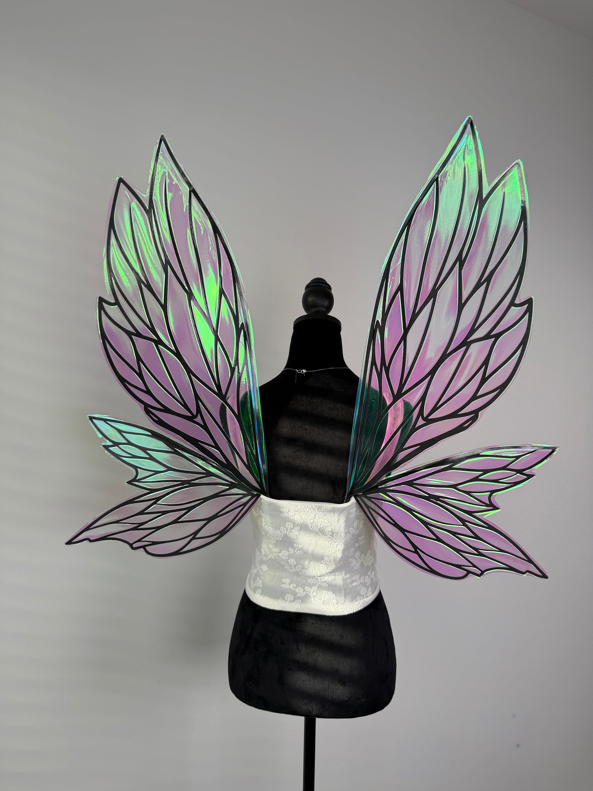 Close up of black fairy wings with leaf inspired design