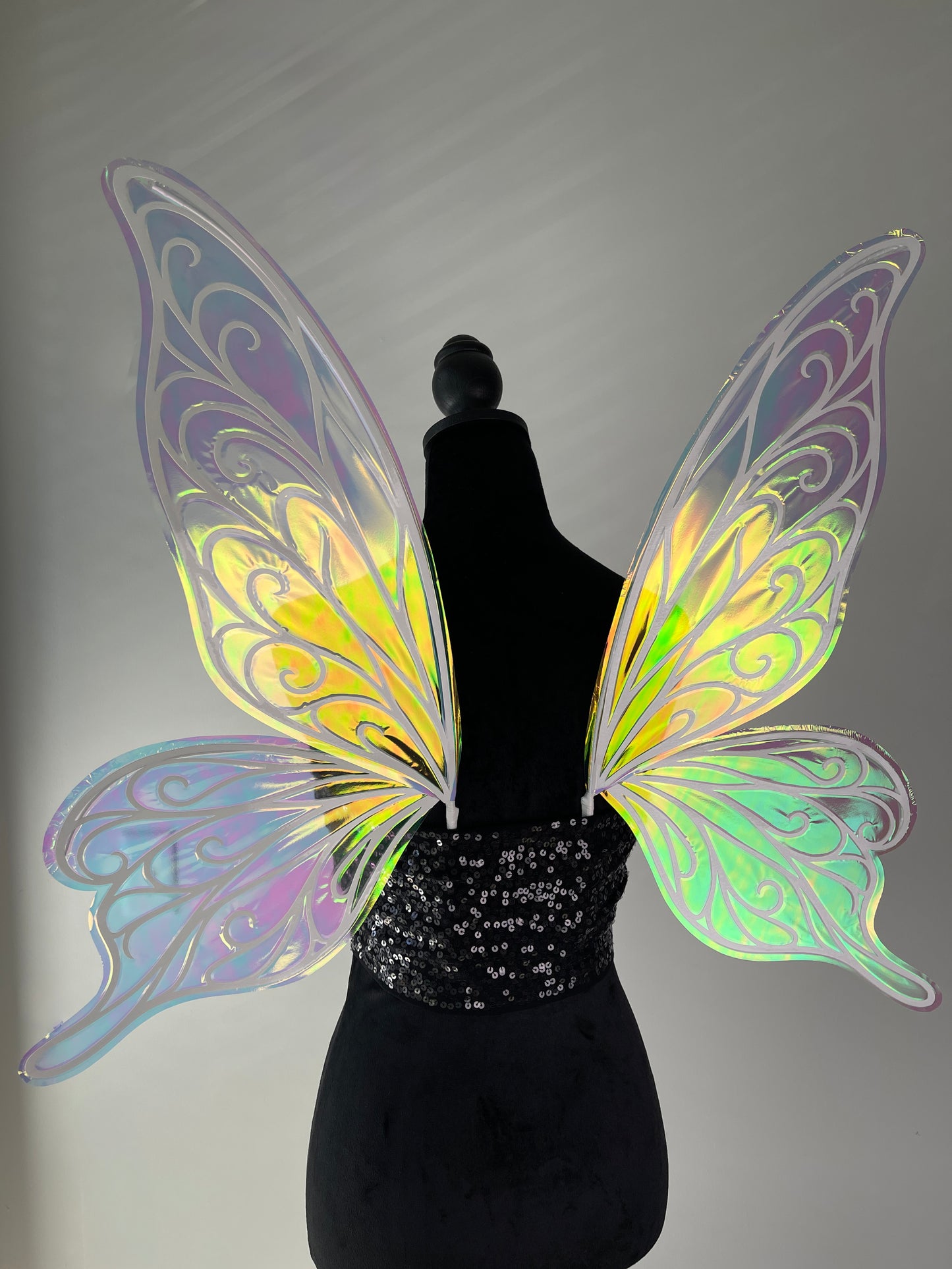 Handmade iridescent butterfly fairy wings close up detail