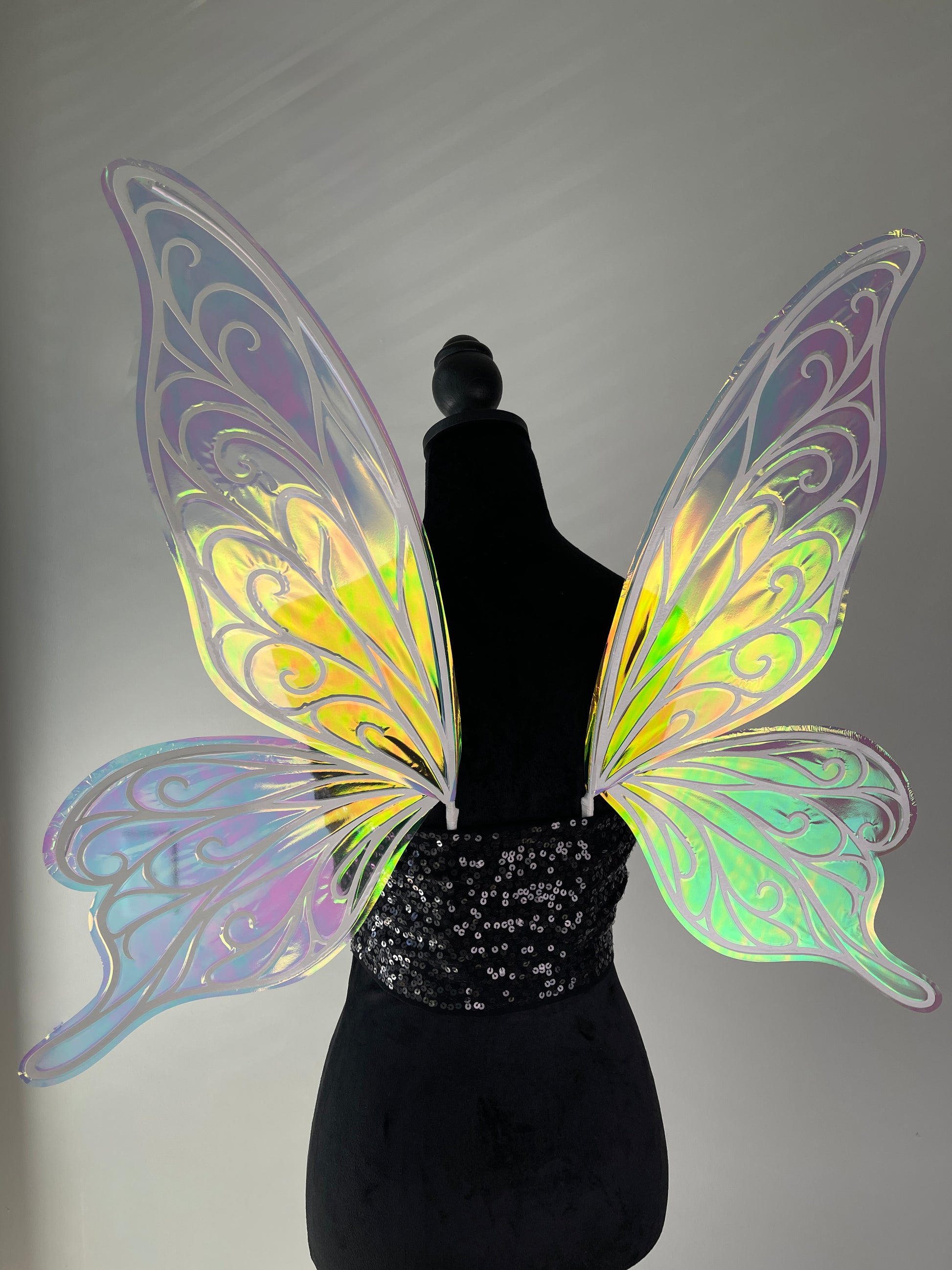 Handmade iridescent butterfly fairy wings close up detail