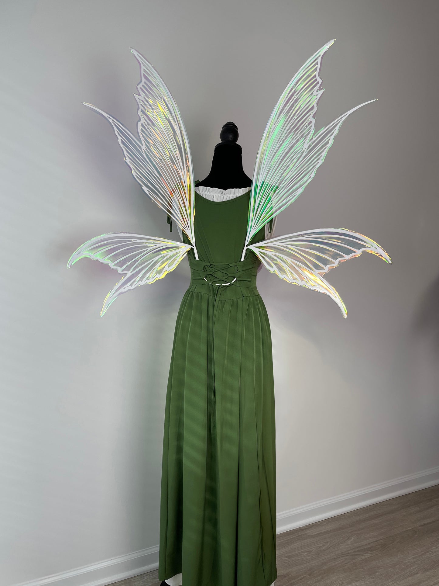 Side view of large fairy wings costume for adults