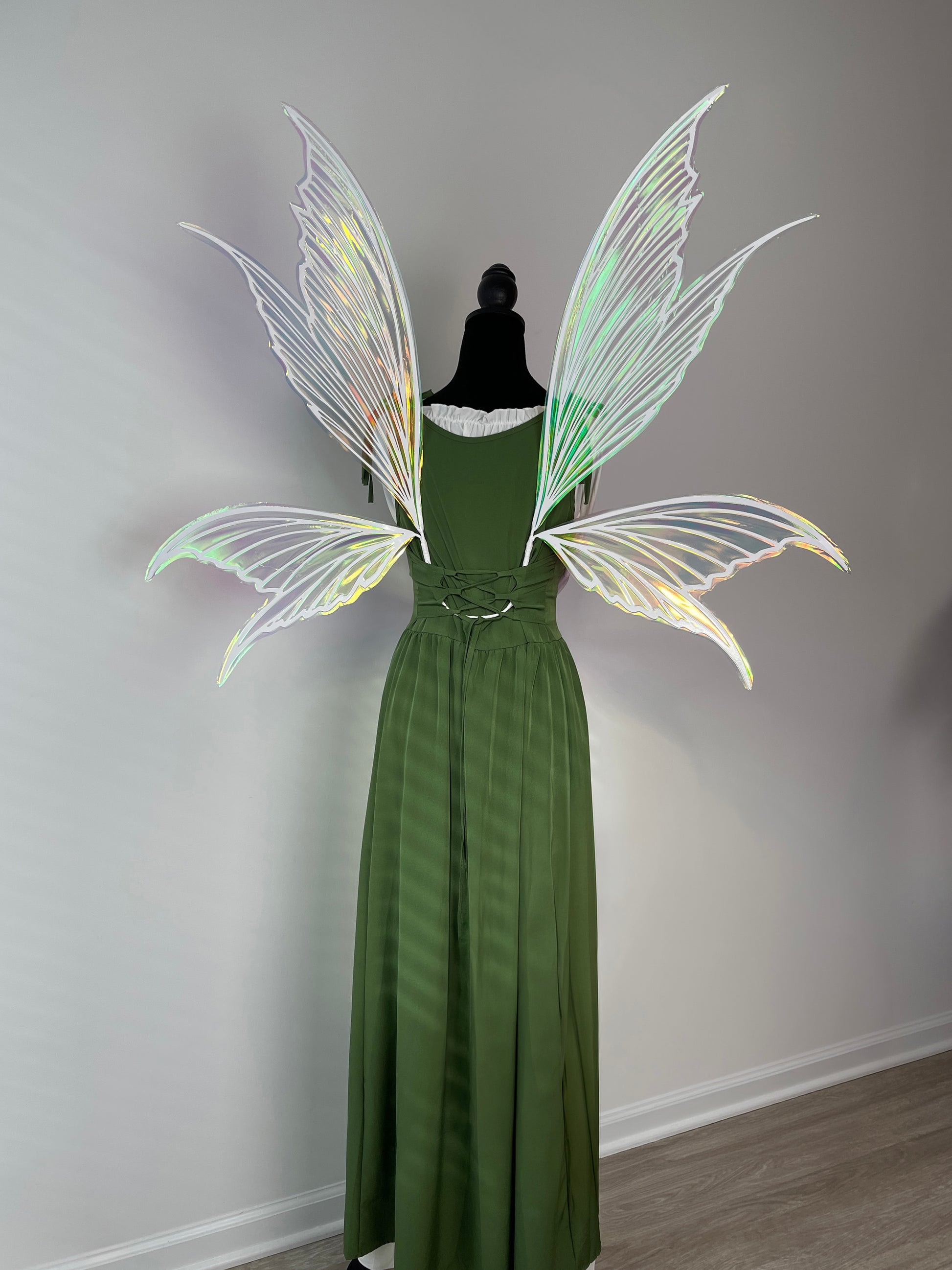 Side view of large fairy wings costume for adults