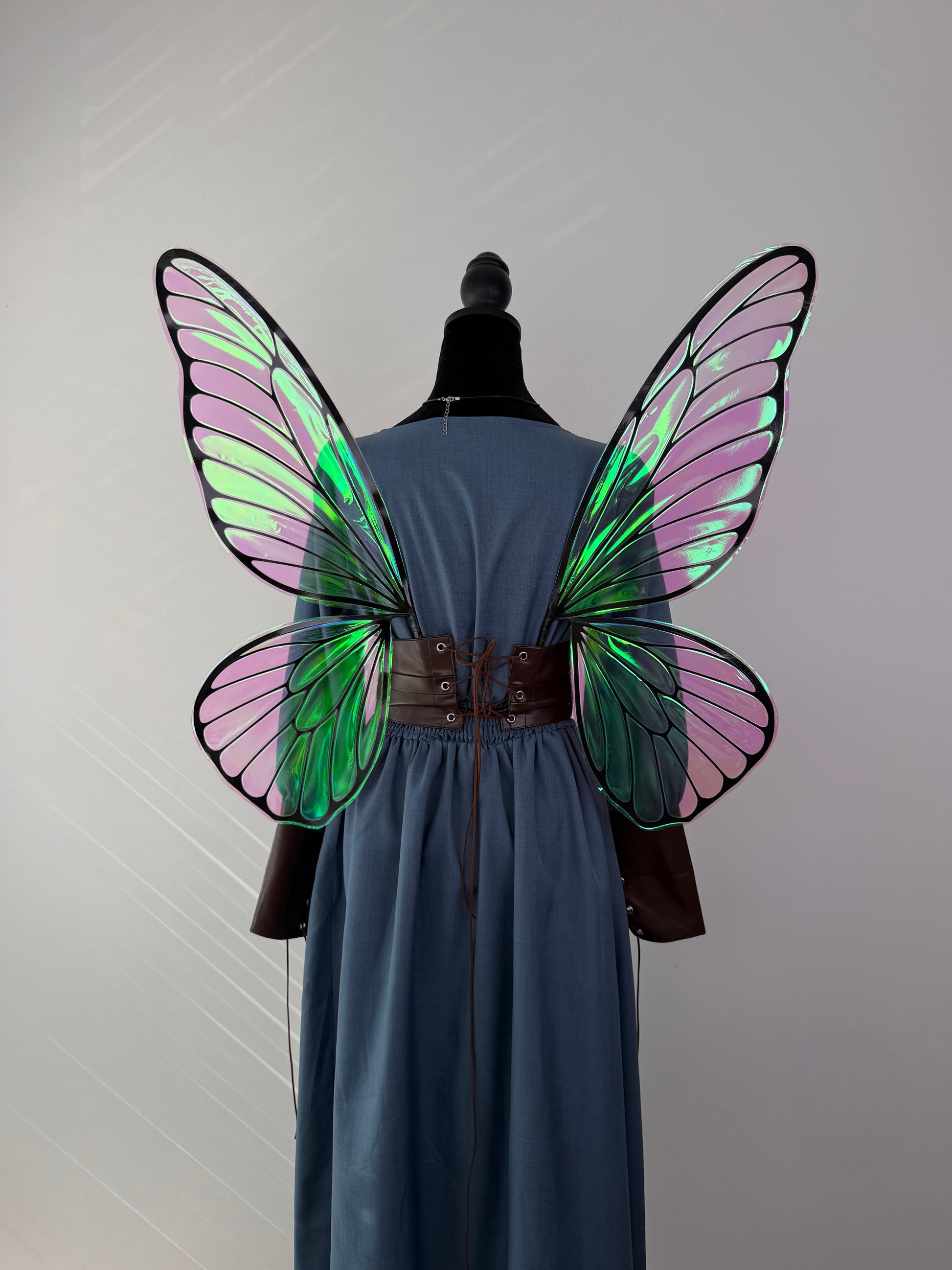 Pink and green fairy wings handcrafted for adults with an iridescent butterfly finish.