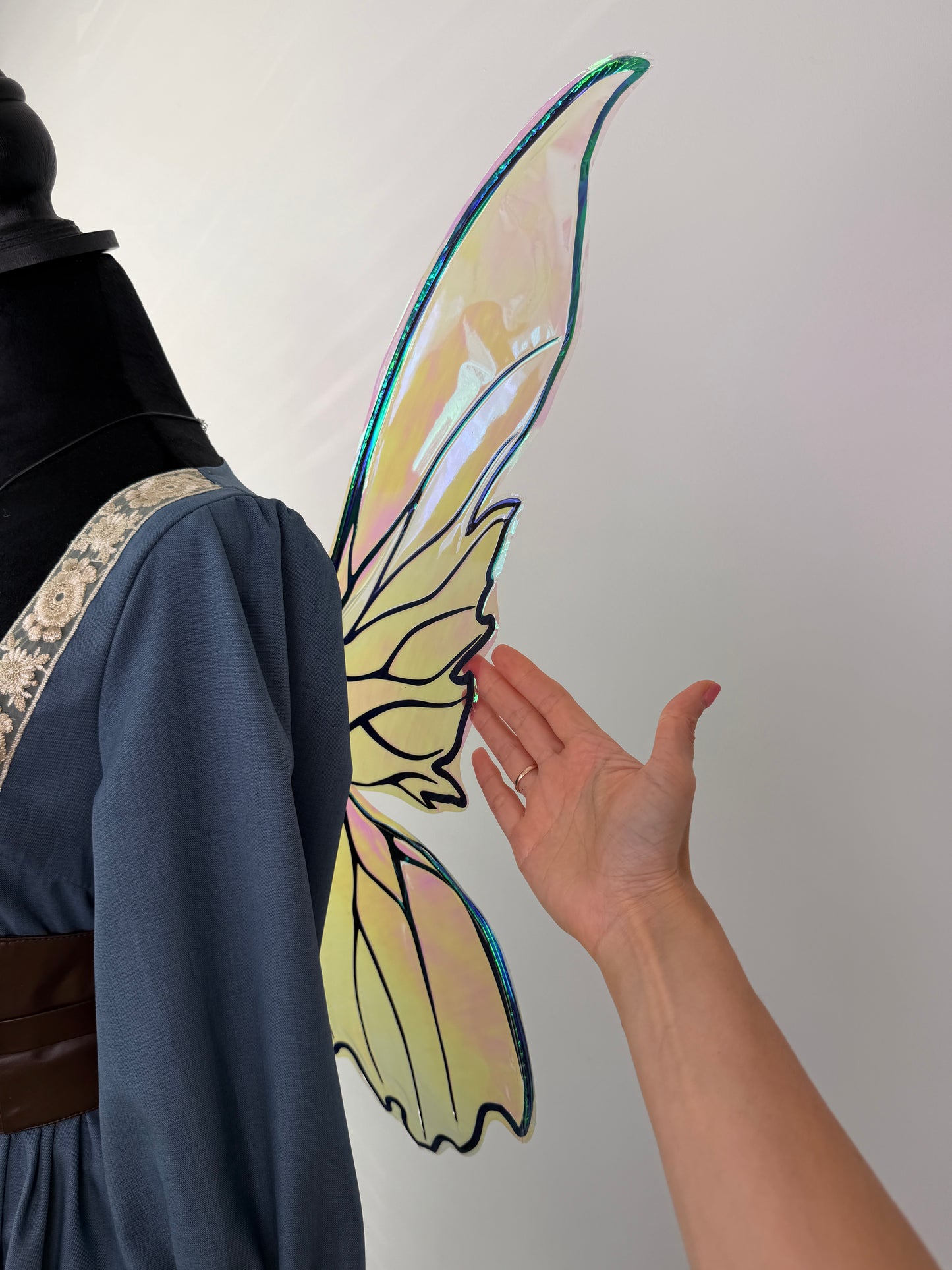 Iridescent fairy wings with black decorative veins and a luminous chameleon finish