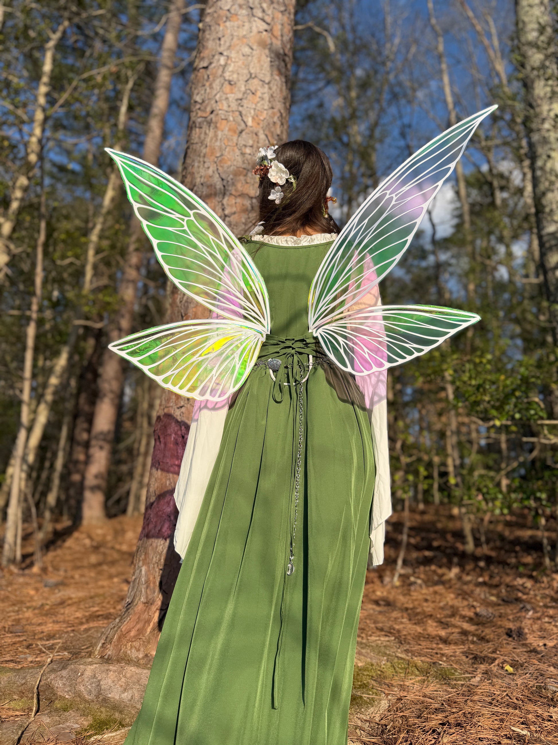 Butterfly fairy wings shimmering in sunlight during fantasy photoshoot