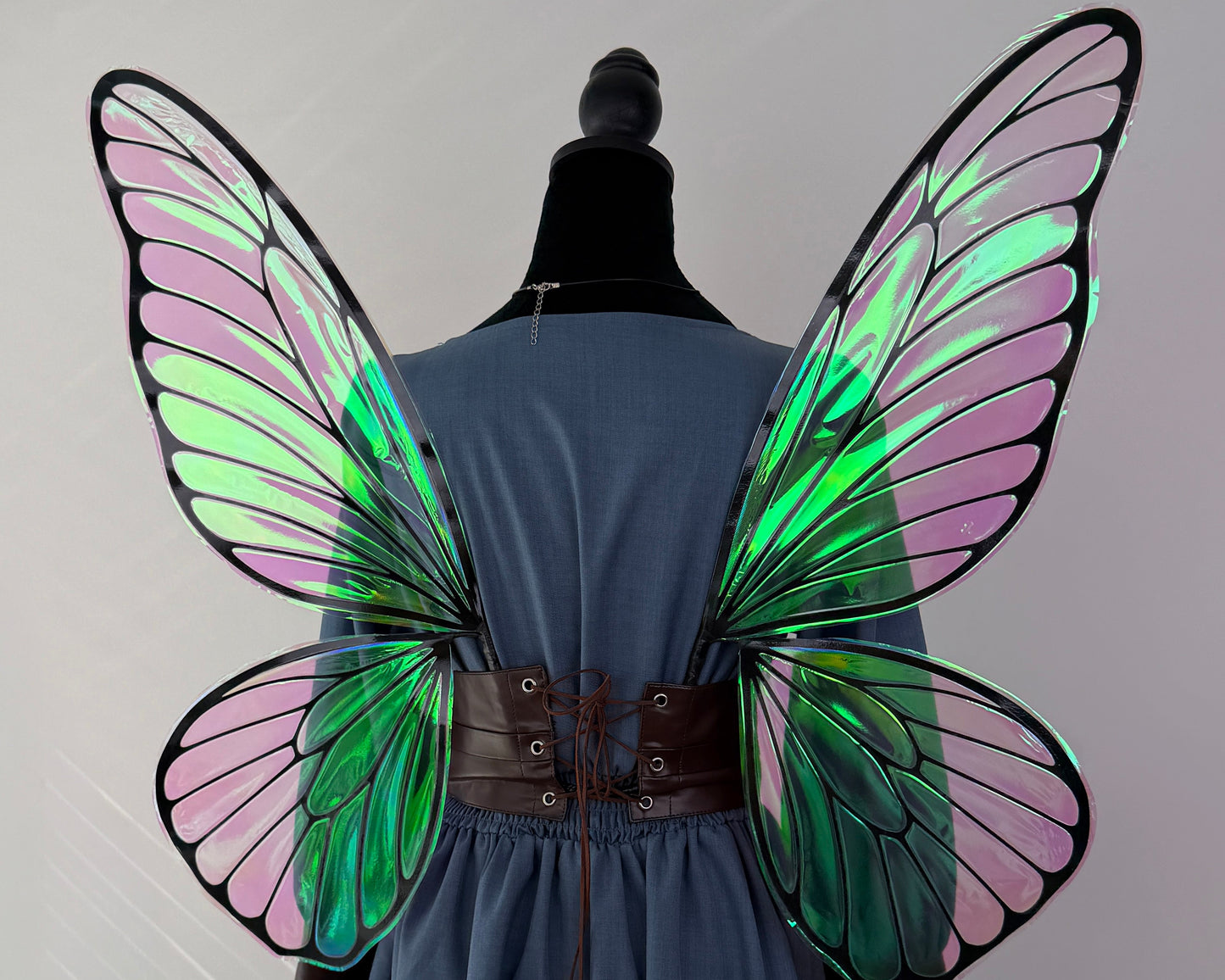 Detailed back view of handcrafted butterfly fairy wings with black veining and iridescent film.