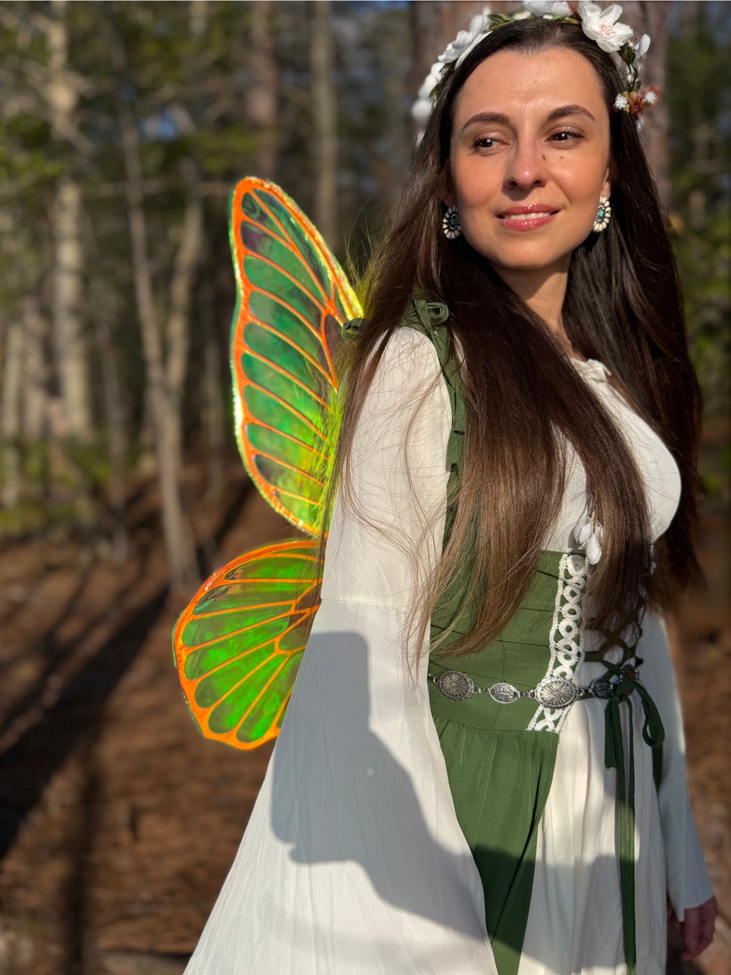 Close-up of translucent fairy wings with bright orange veins, fantasy costume wings