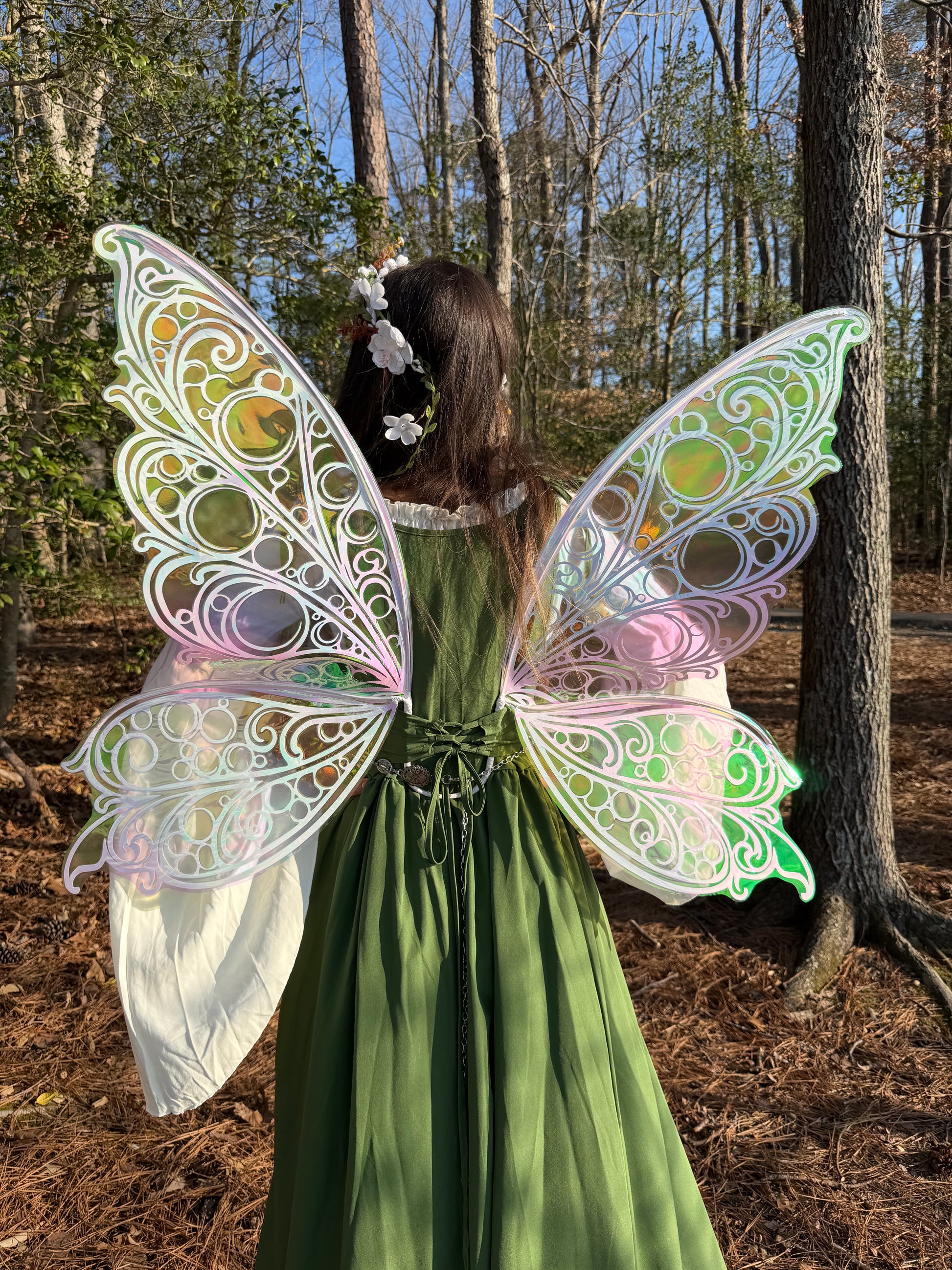 Person wearing green fairy costume with large, colorful butterfly wings in a forest setting