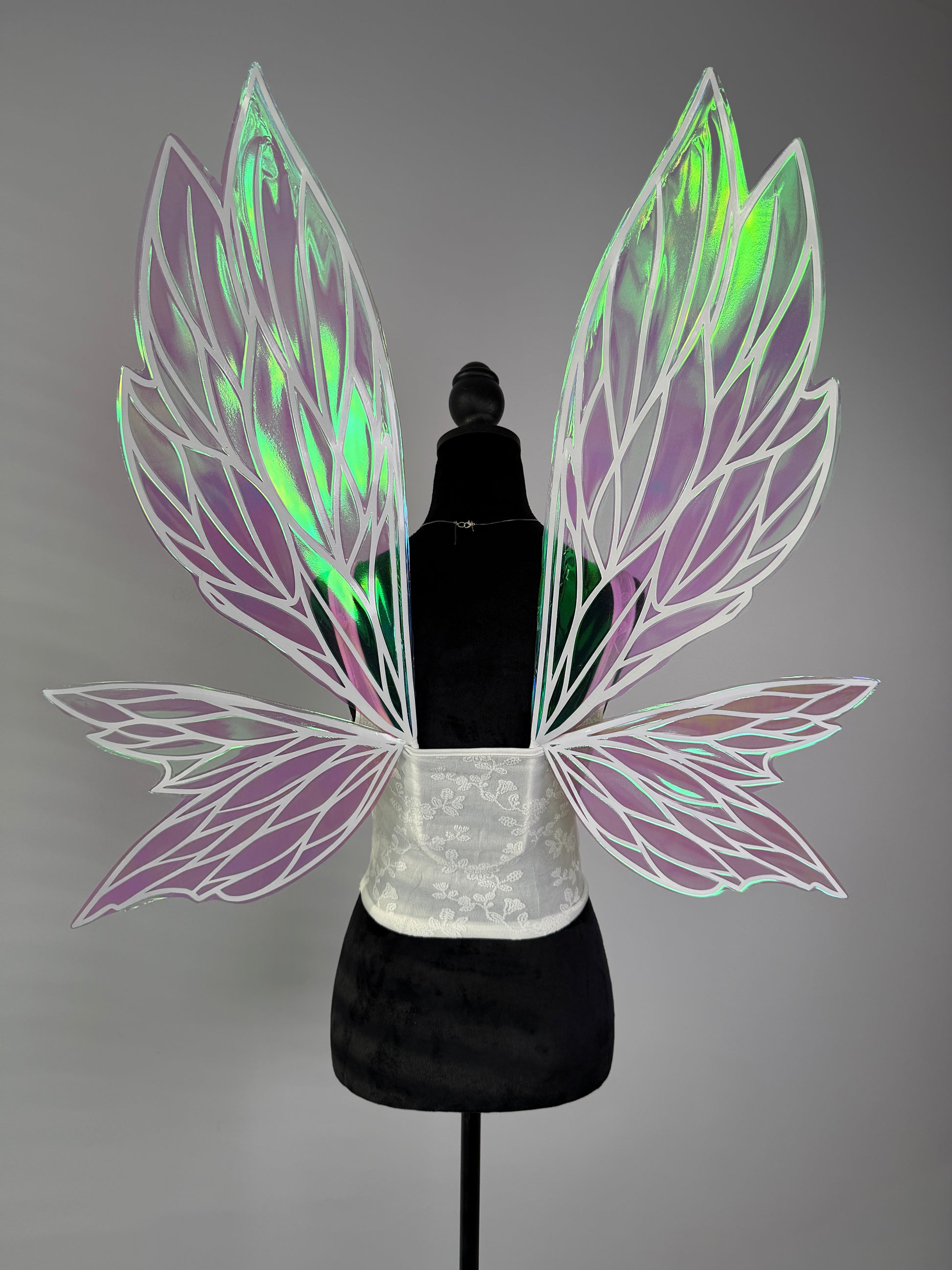 Green and pink iridescent fairy wings with transparent shimmer for fantasy costume accessory