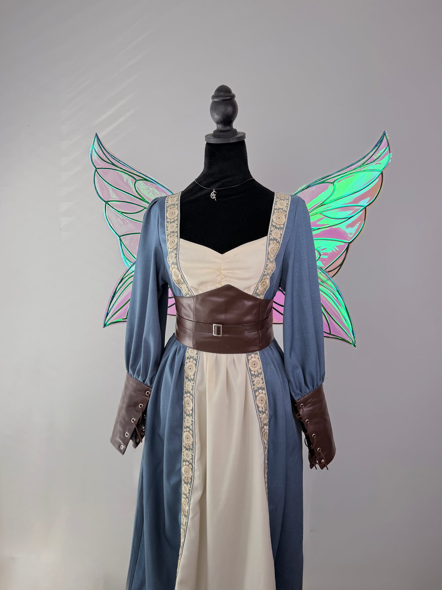 Handcrafted iridescent cosplay wings with flexible wire support and delicate artistic details