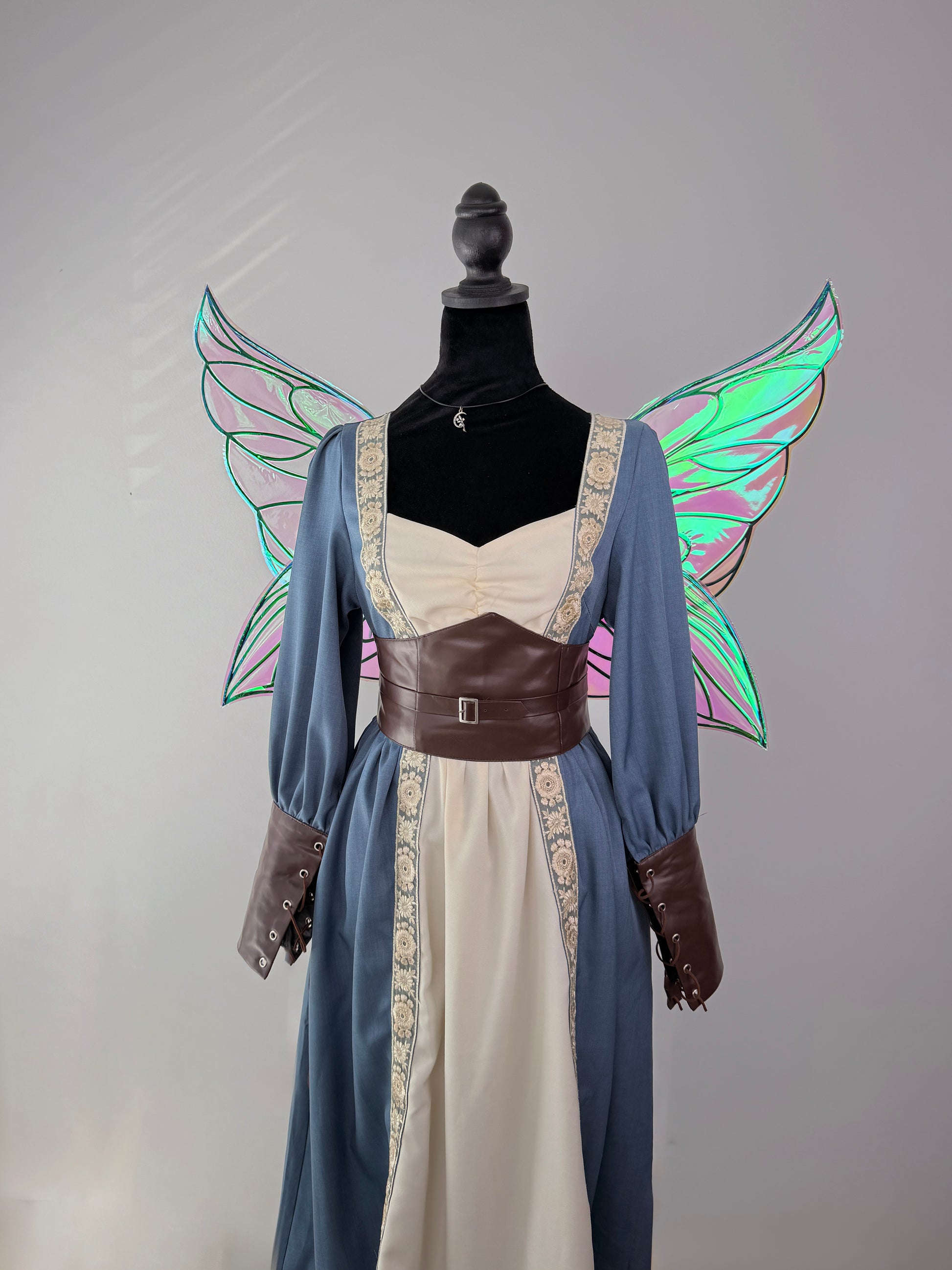 Handcrafted iridescent cosplay wings with flexible wire support and delicate artistic details