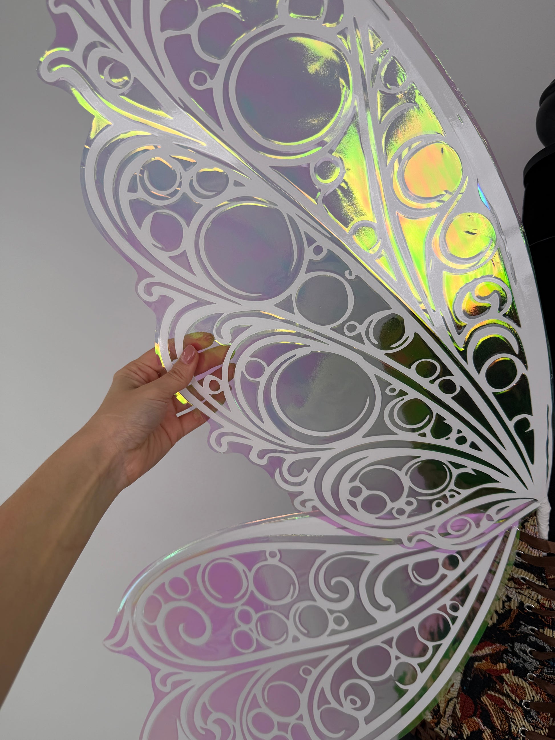 Hand holding a large, ornate, iridescent butterfly wing with intricate patterns.