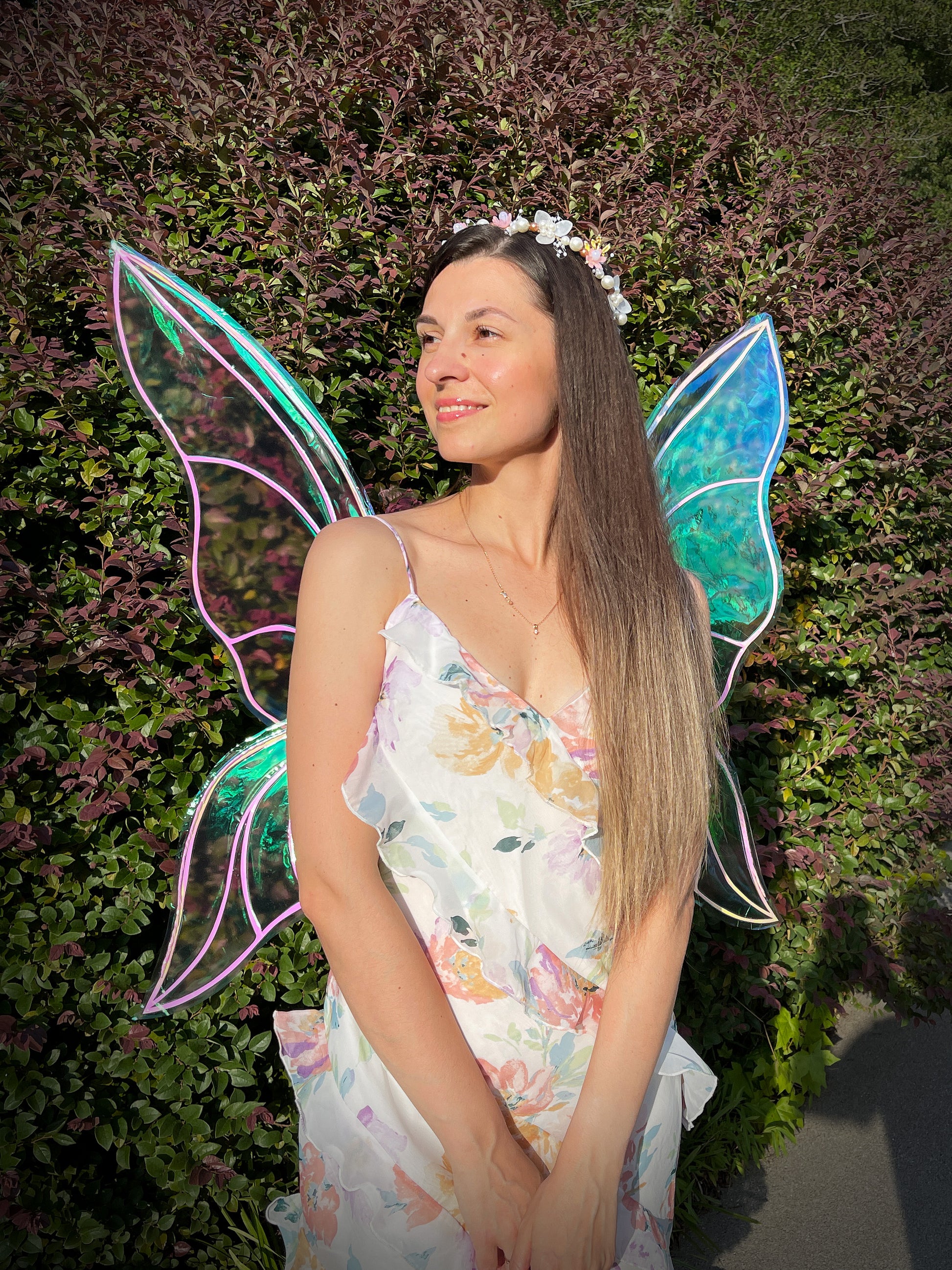 Iridescent fae wings for Renaissance festival costume worn by adult model