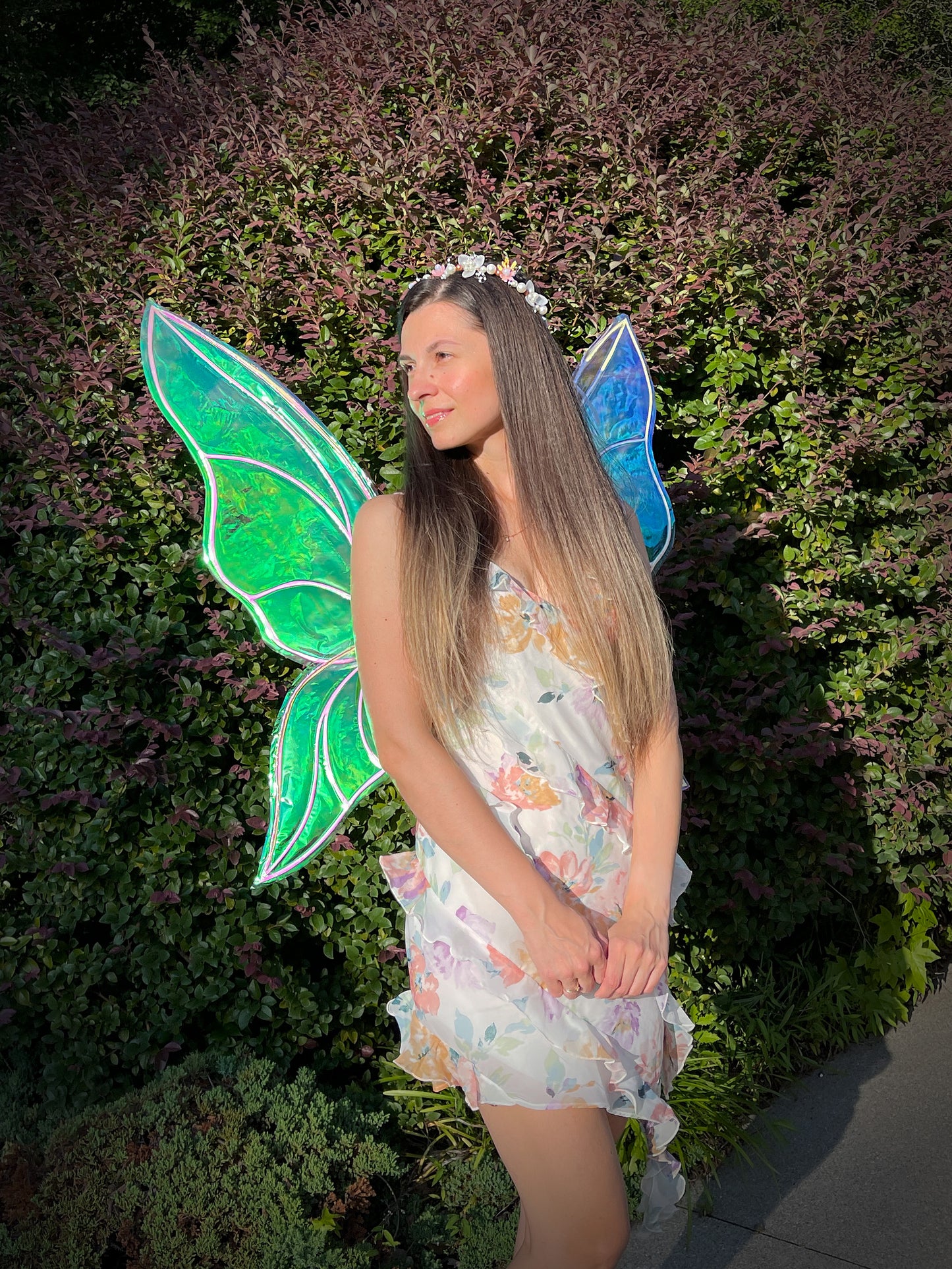 Back view of large iridescent fairy wings for Renaissance Faire costume