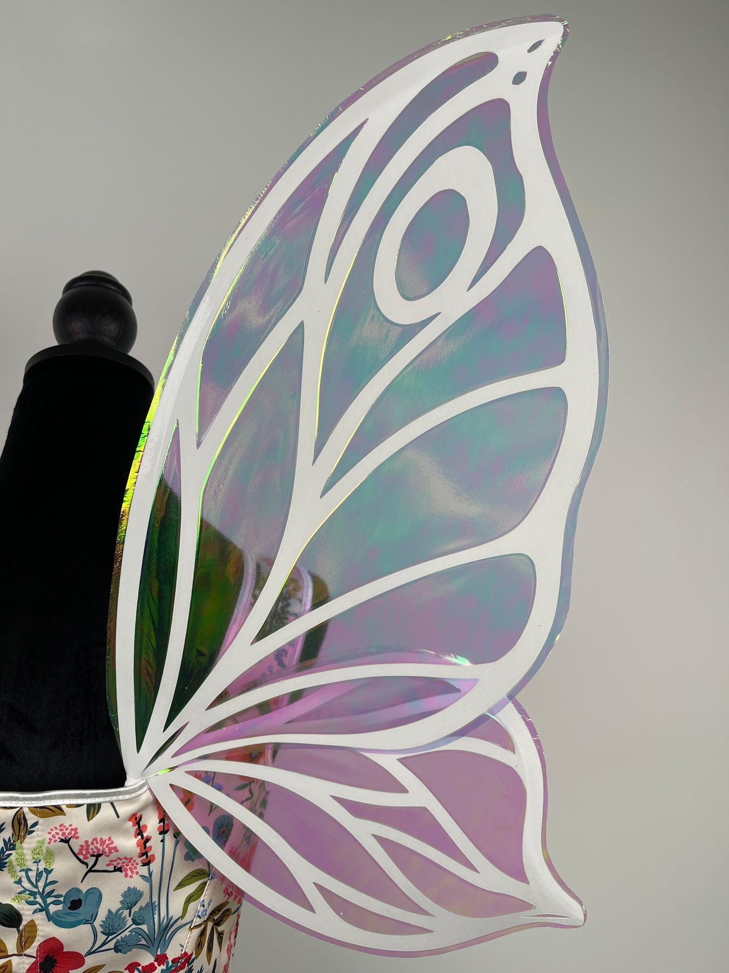 Side view of handmade iridescent fairy wings for adults butterfly costume