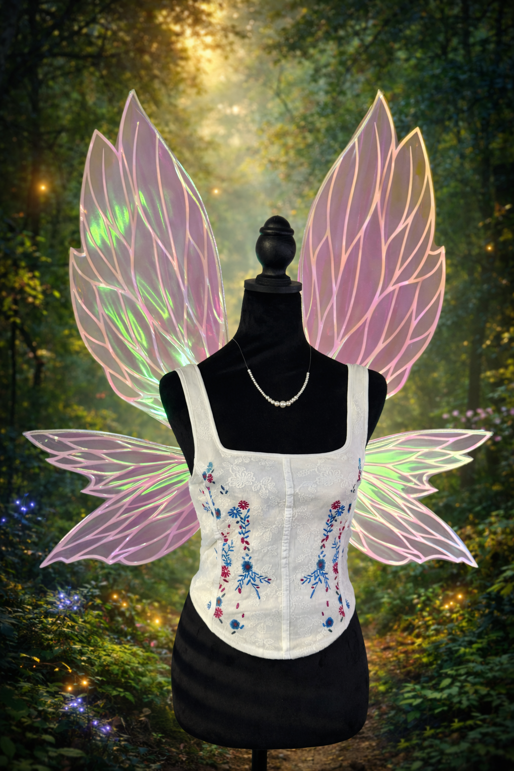 Large iridescent green and pink fairy wings with transparent leaf design for fantasy costume or cosplay