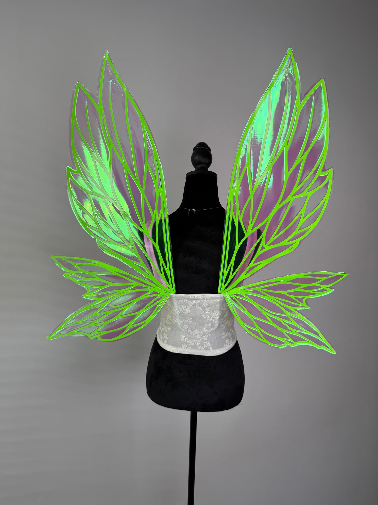 Large iridescent fairy wings with neon green veins and soft pink shimmer for fairy costume
