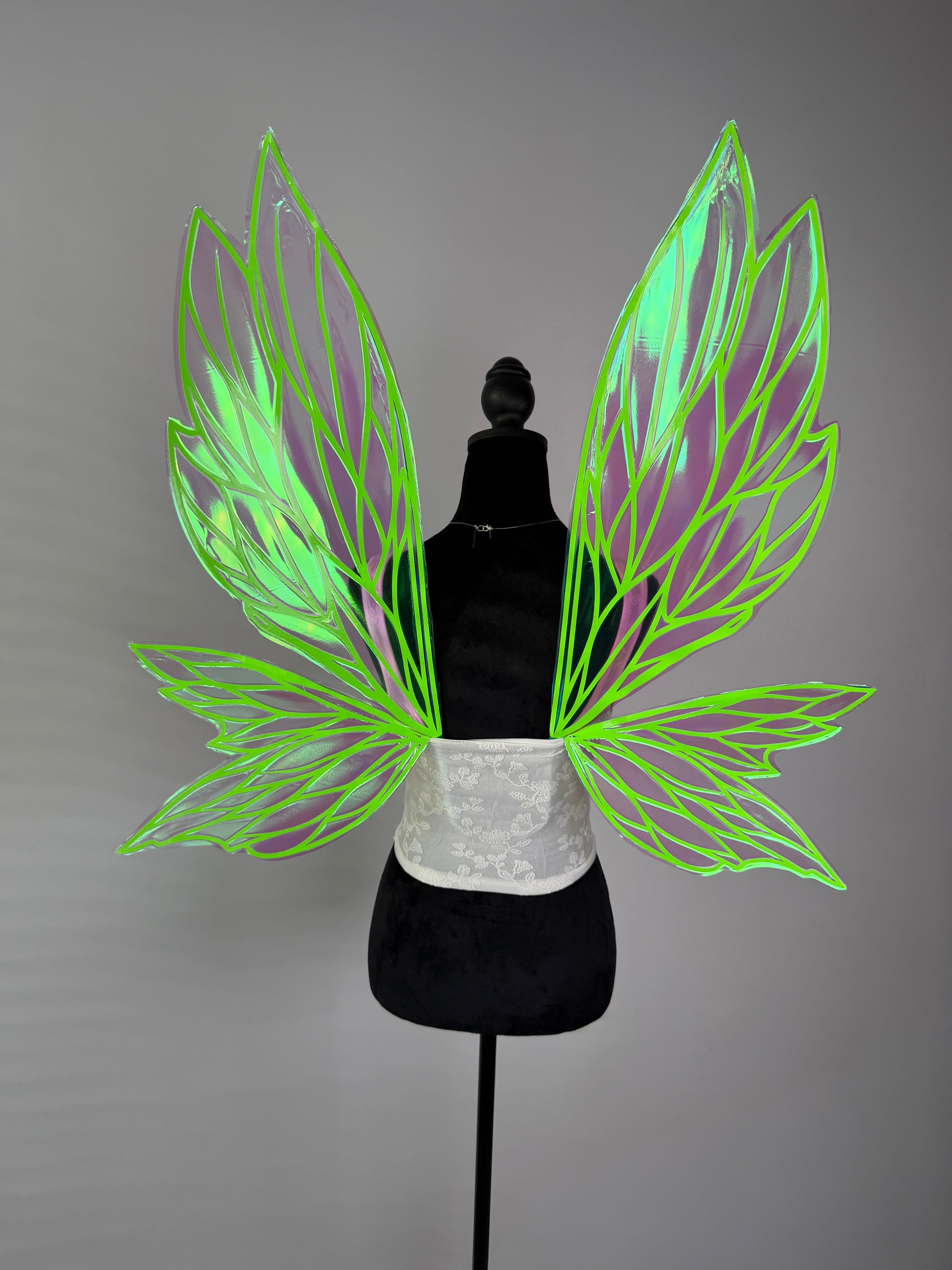 Large iridescent fairy wings with neon green veins and soft pink shimmer for fairy costume