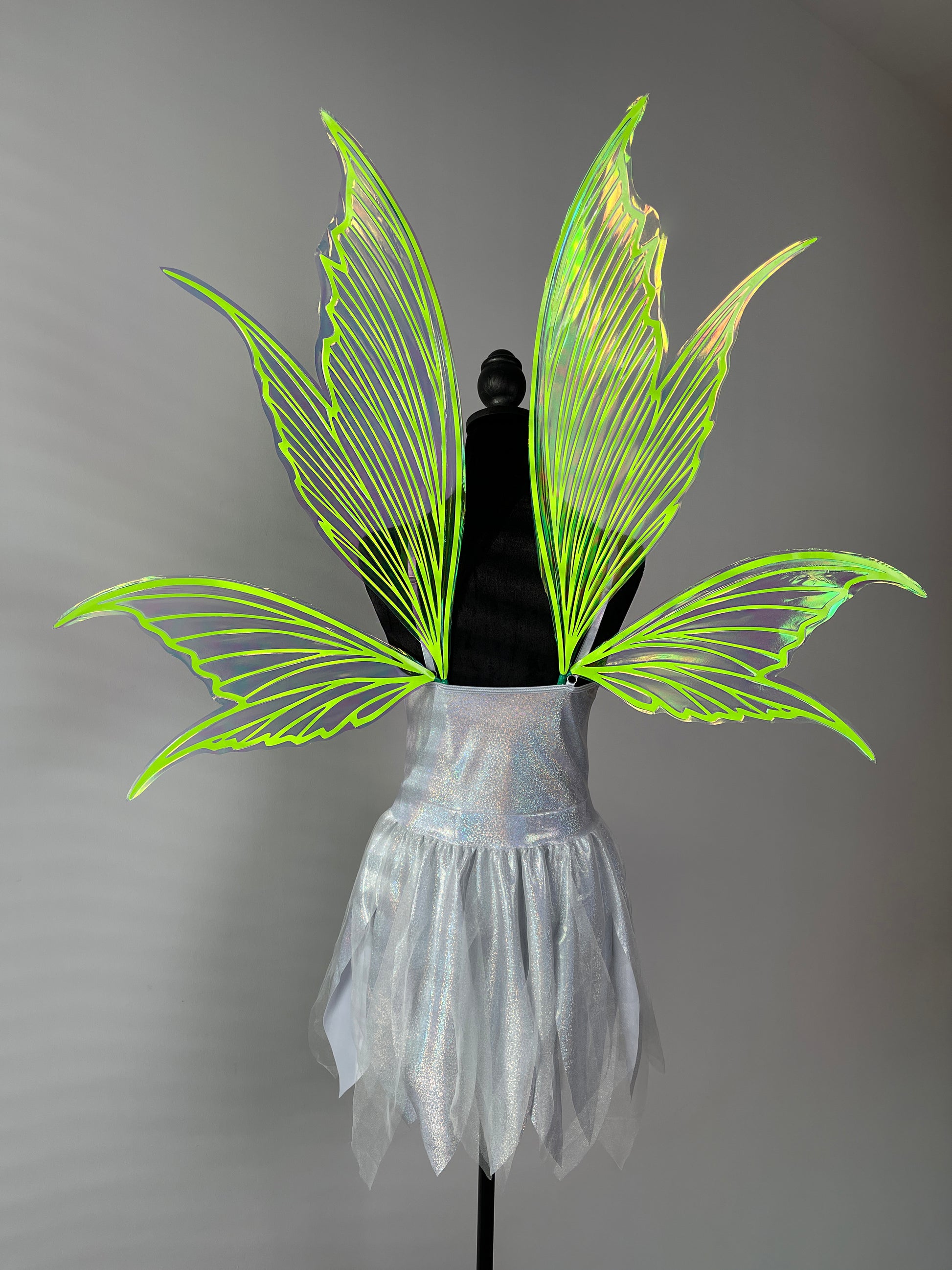 Large neon green butterfly fairy wings with iridescent shimmer for fantasy costume cosplay and rave festivals