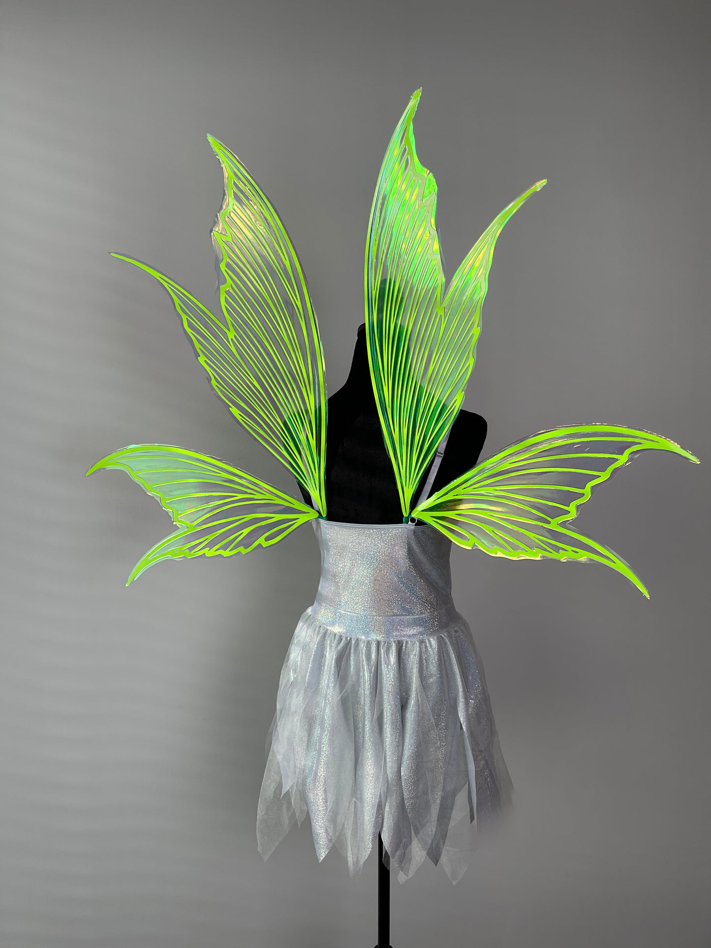 Neon green iridescent fairy wings with butterfly design fantasy costume accessory for cosplay and festival outfits