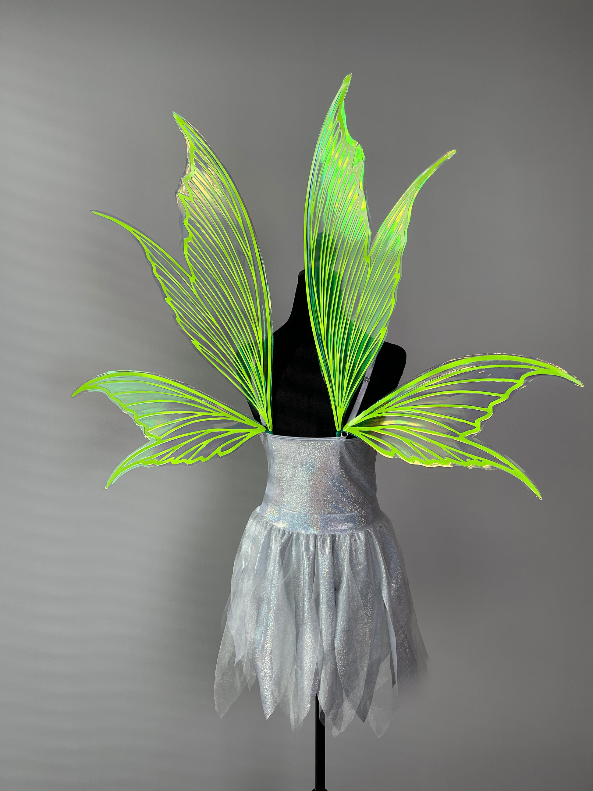 Neon green iridescent fairy wings with butterfly design fantasy costume accessory for cosplay and festival outfits