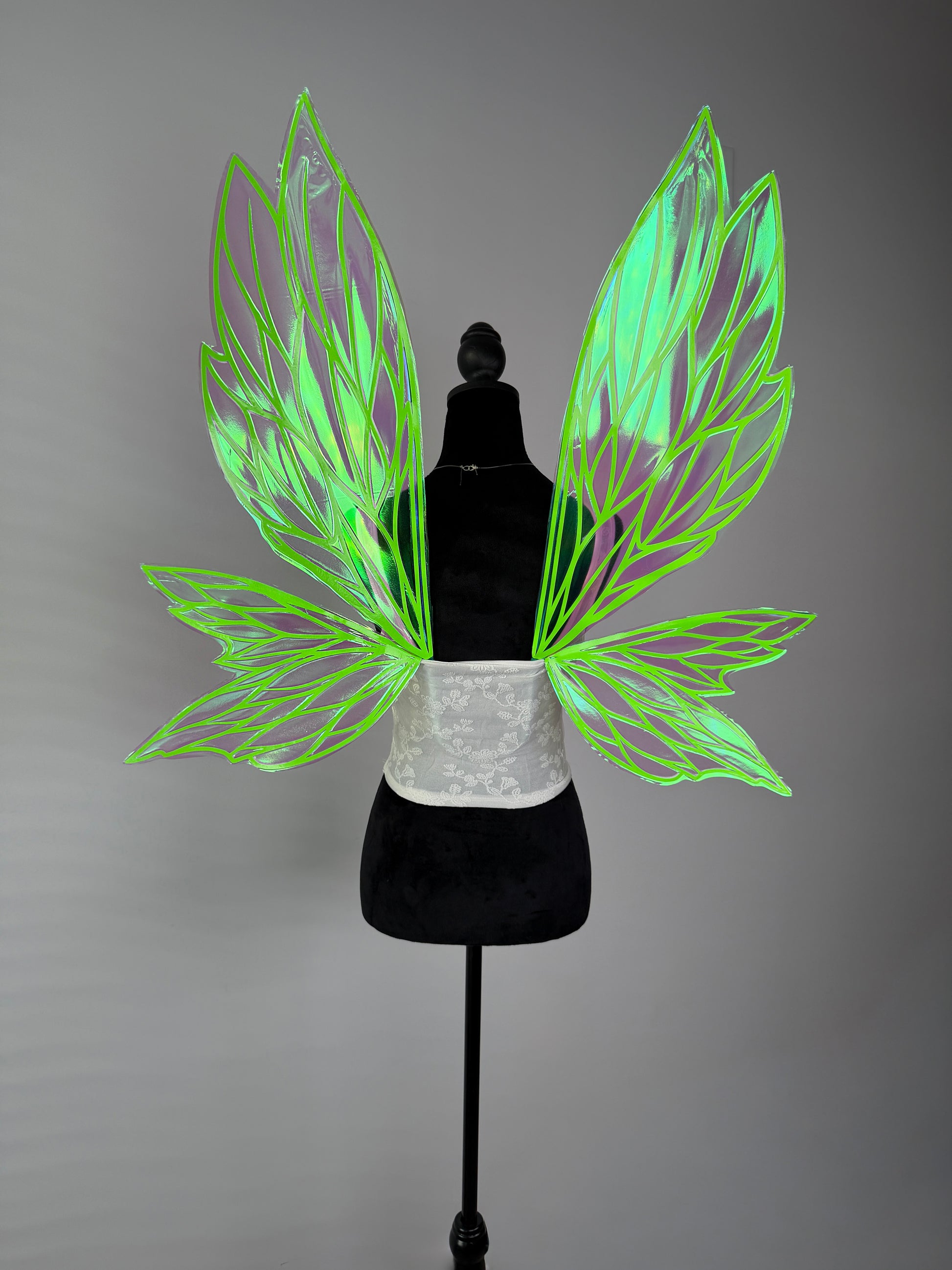 Neon green iridescent fairy wings with transparent shimmer for fantasy costume accessory