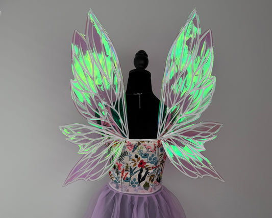 Pink fairy wings reflecting bright green and rainbow colors as the light changes