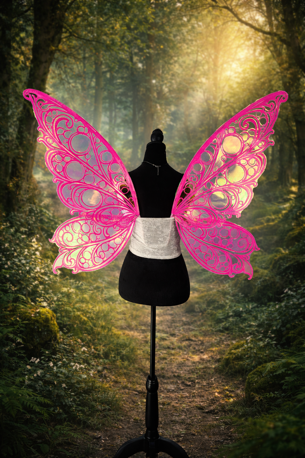 Pink butterfly wings on a mannequin against a forest background