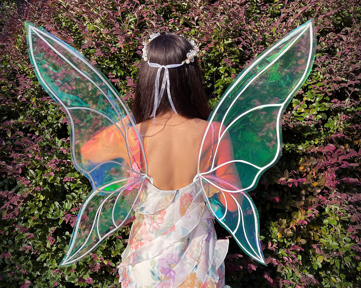 Iridescent fairy wings worn by adult model for Renaissance Faire costume