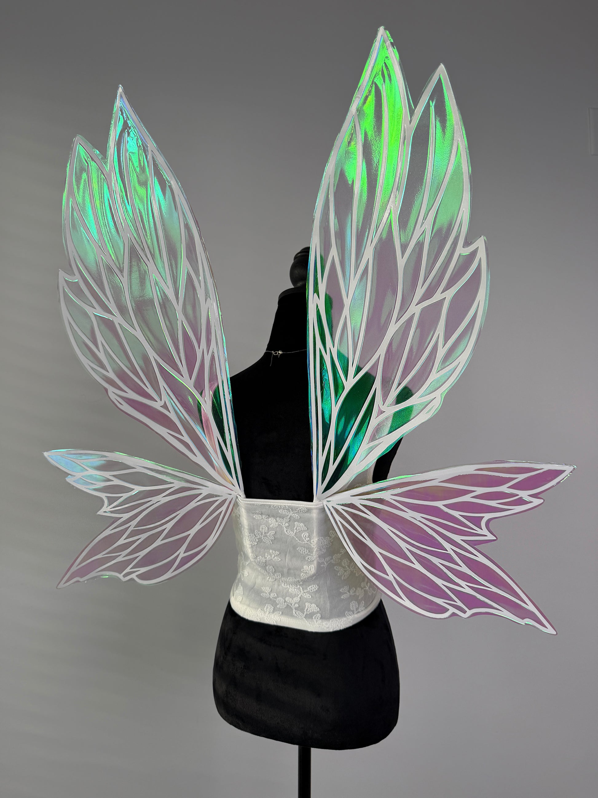 Transparent iridescent fairy wings in green and pink shimmer for cosplay costume or fairy outfit