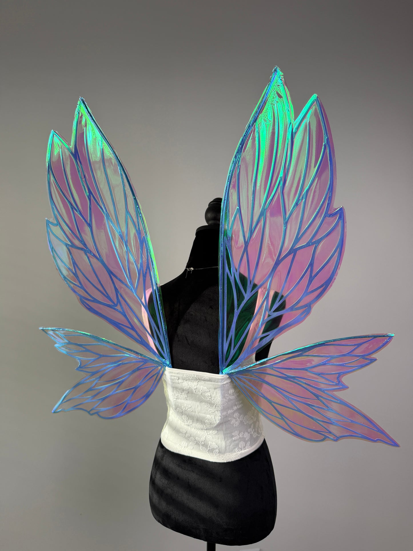 Transparent pink and blue iridescent fairy wings for cosplay costume or fantasy outfit